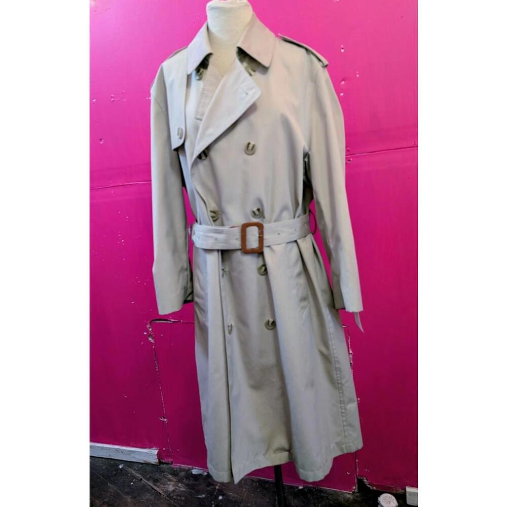 Vintage 70s Retro Women's Khaki Tan Long Belted Trench Coat L XL